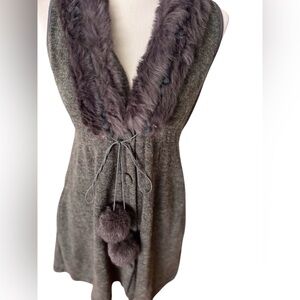 Faux grey fur sweater vest with string Pom poms